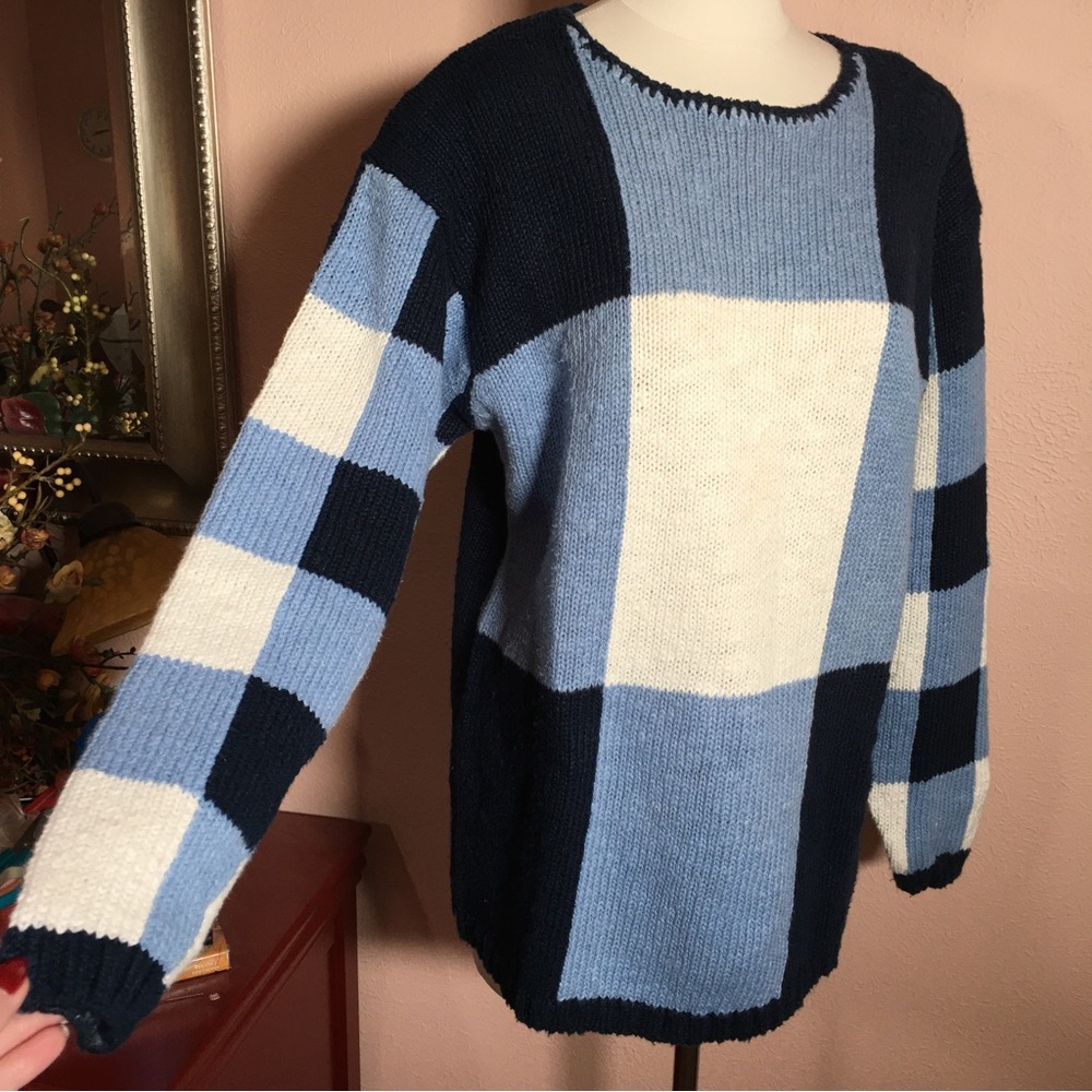 Vintage Liz Claiborne oversized Blue white Color block Plaid Sweater medium
